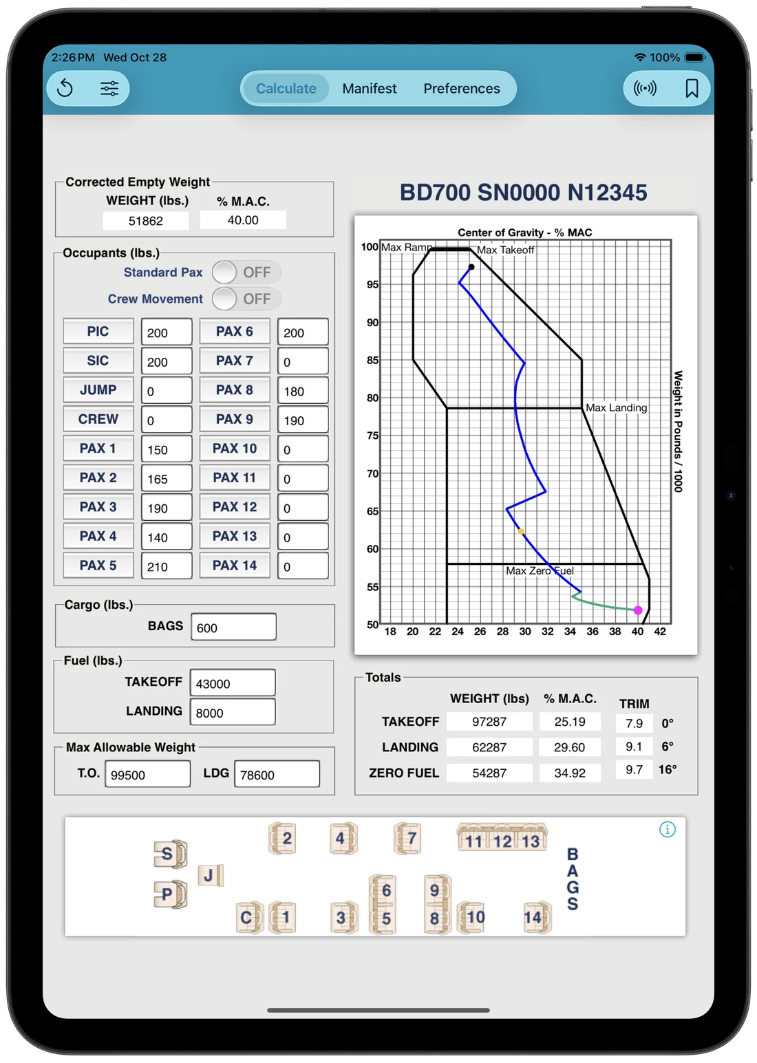 iFly Calculate tab on iPad Pro