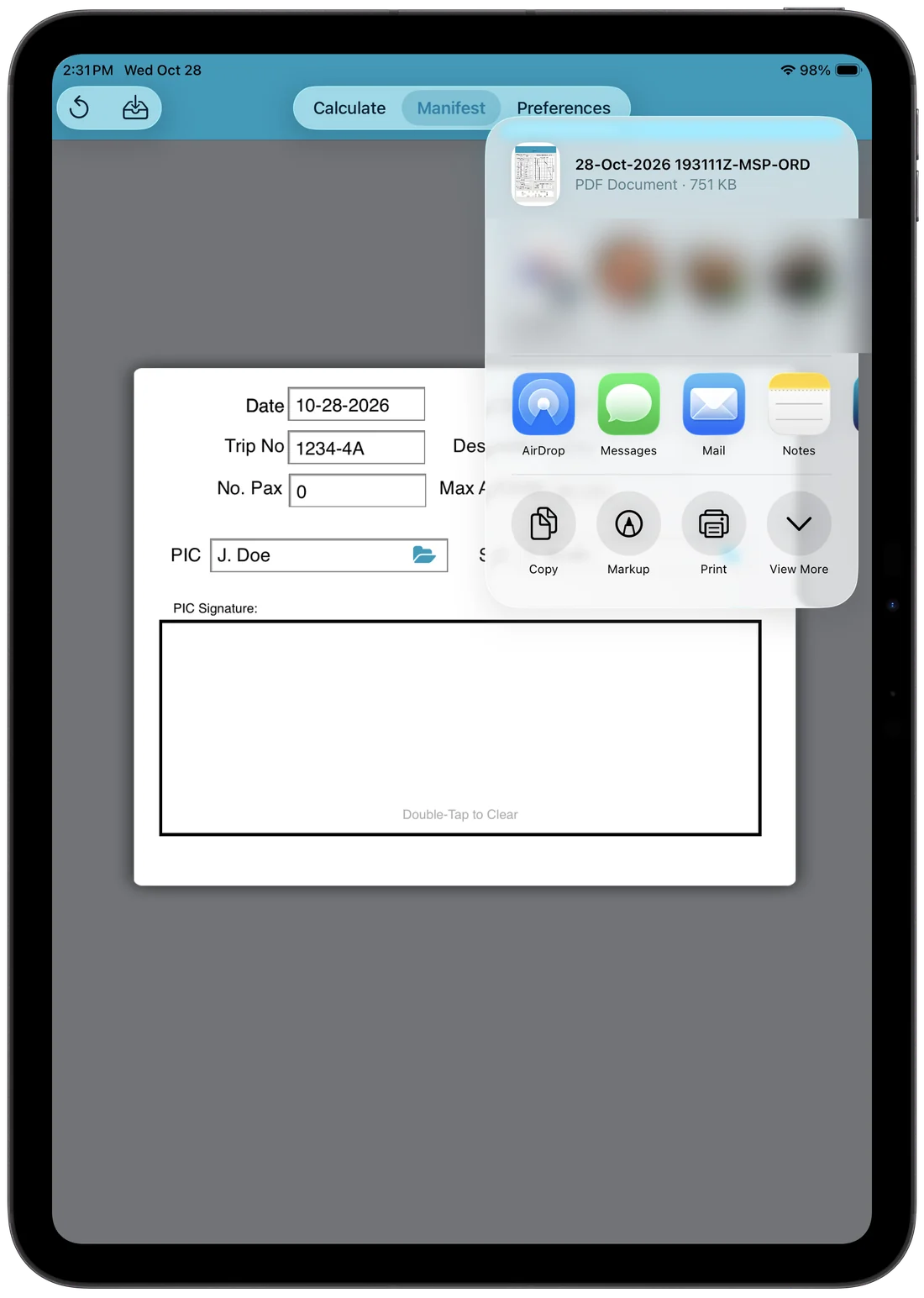 Share sheet for the manifest PDF