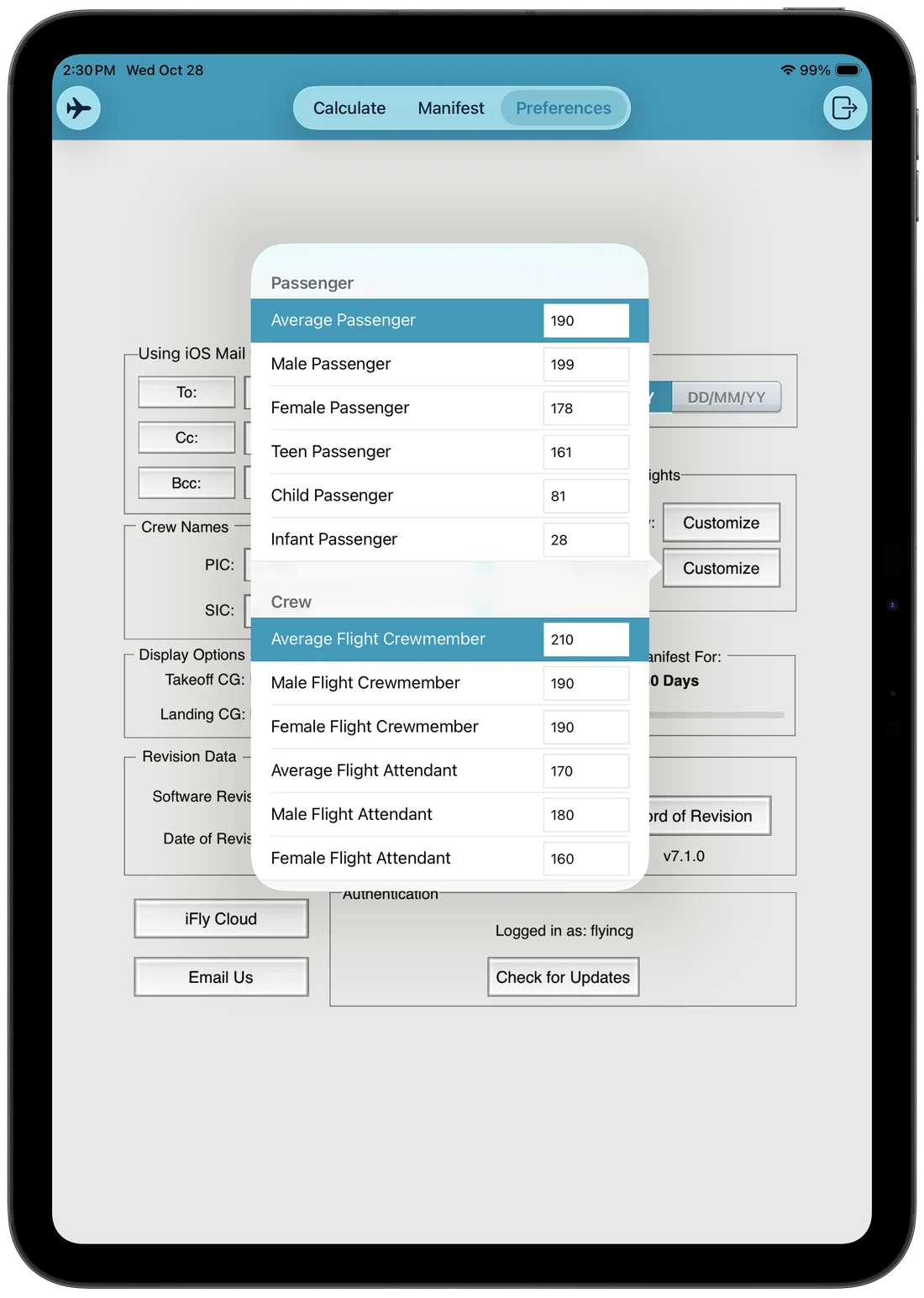 Standard weights pop-up